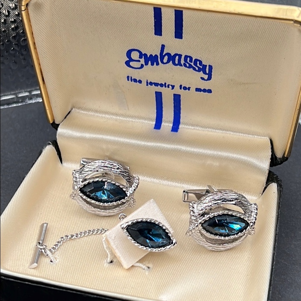 Vintage Embassy rhinestone tie bar and cuff links